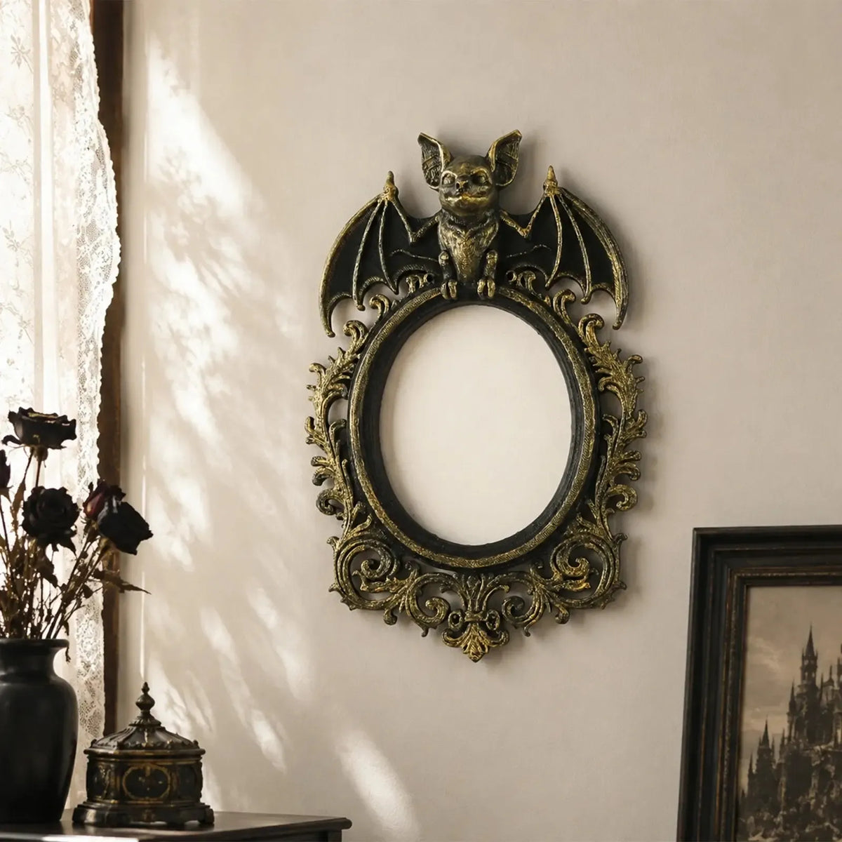 Bat embossed ornate wall frame for gothic Halloween decor