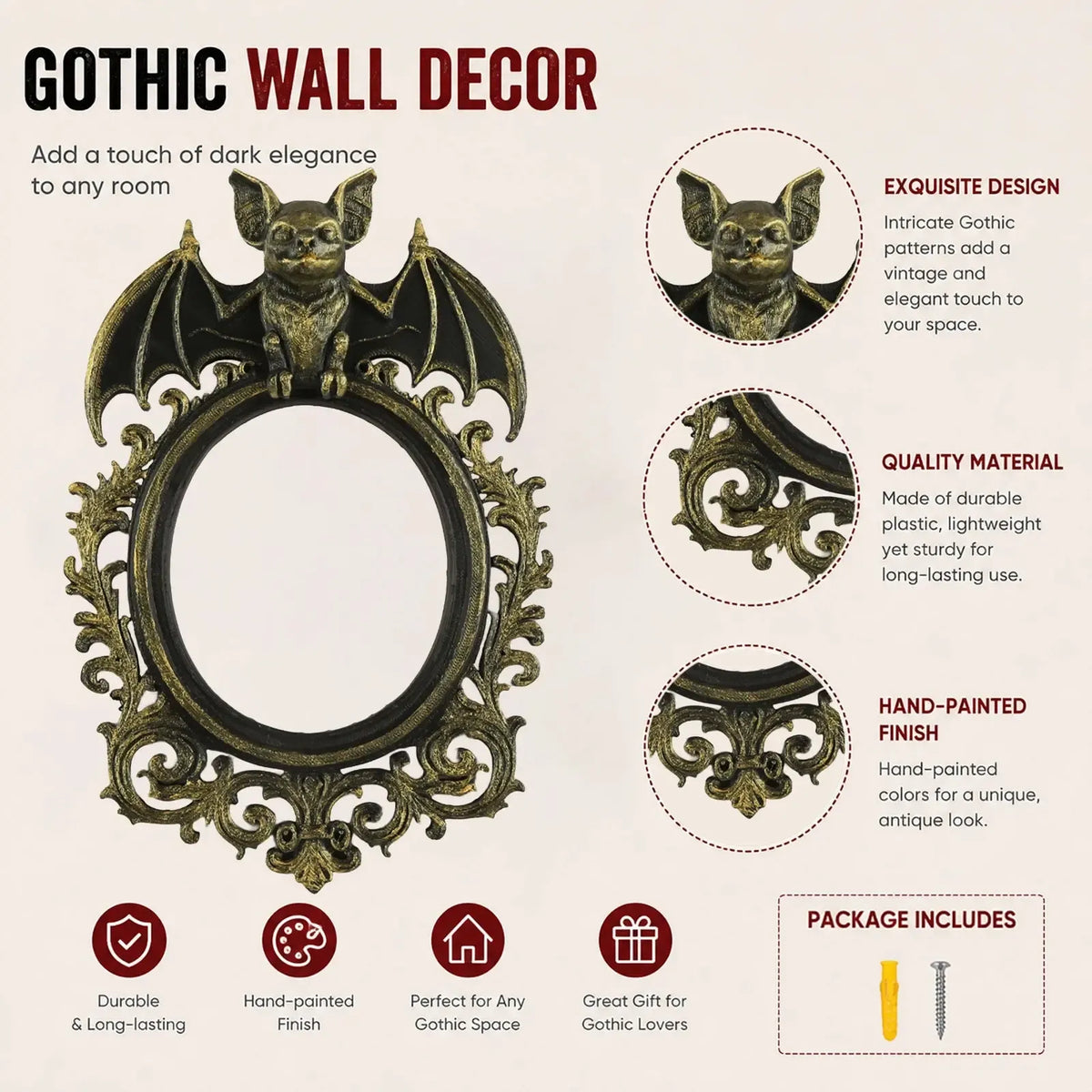 Close-up of the embossed bat detail on the ornate wall frame