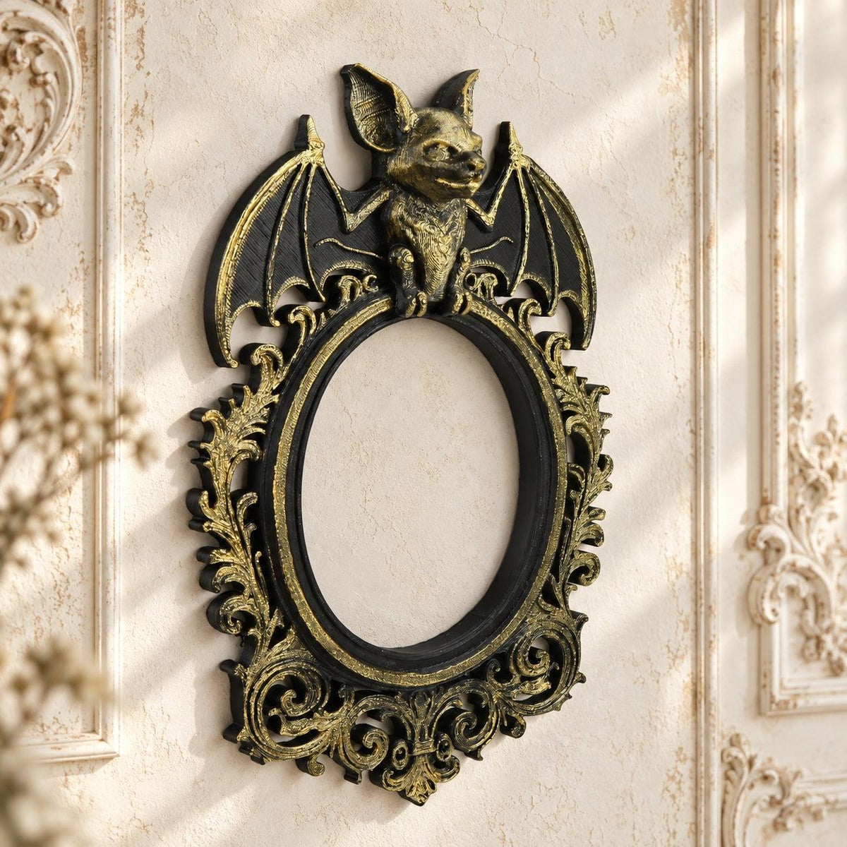 Bat Embossed Ornate Wall Frame Gothic Halloween Decor — view 5 showing carved details in a bright gothic vintage setting