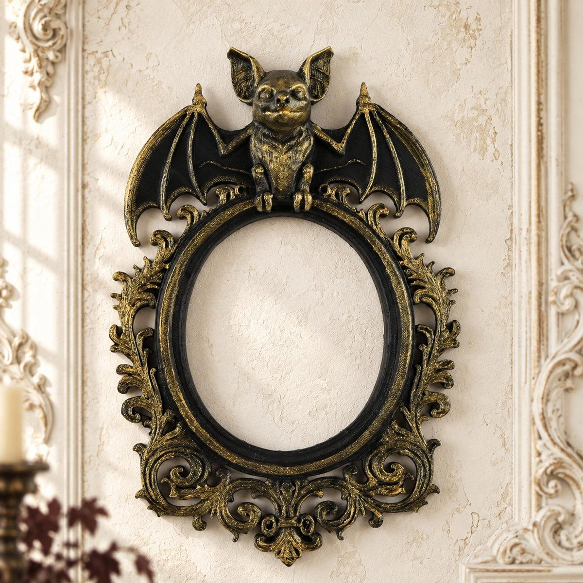 Bat Embossed Ornate Wall Frame Gothic Halloween Decor — view 4 showing carved details in a bright gothic vintage setting