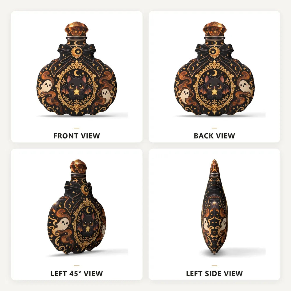 Front, back and side views: decorative plush pillow featuring potion bottle with bat and ghost imagery