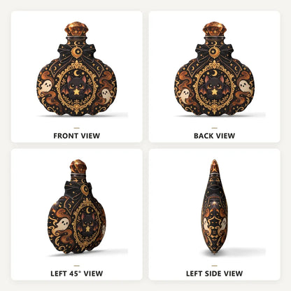 Front, back and side views: decorative plush pillow featuring potion bottle with bat and ghost imagery