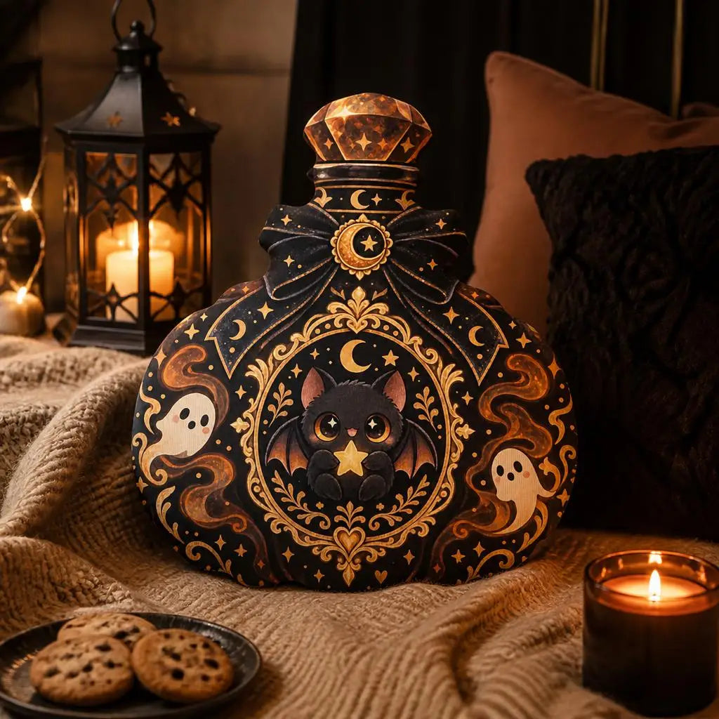 Styled room view: decorative plush pillow featuring potion bottle with bat and ghost imagery