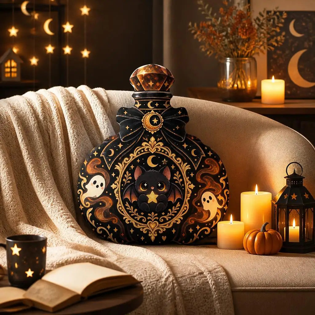 Alternate styled room view: decorative plush pillow featuring potion bottle with bat and ghost imagery