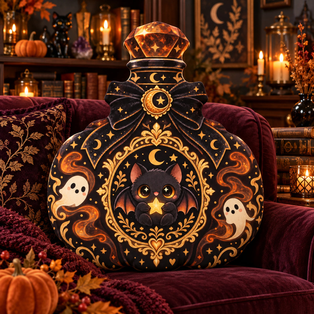 Bat Ghost Potion Bottle Plush Pillow in a witchy room
