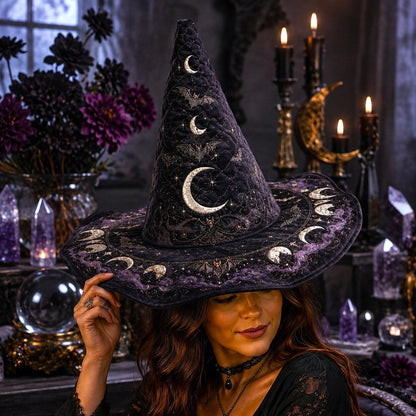 Bat Moon Gothic Witch Hat – Celestial Halloween Wide Brim Hat – styled with candles and crystals