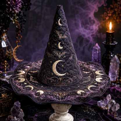 Bat Moon Gothic Witch Hat – Celestial Halloween Wide Brim Hat – on an altar table