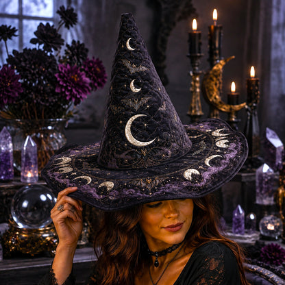 Bat Moon Gothic Witch Hat – Celestial Halloween Wide Brim Hat – styled with candles and crystals
