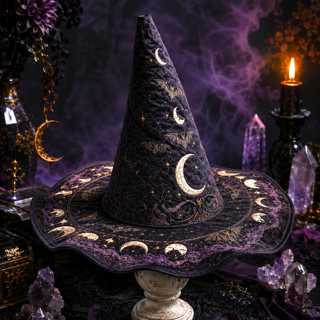 Bat Moon Gothic Witch Hat – Celestial Halloween Wide Brim Hat – worn, front view