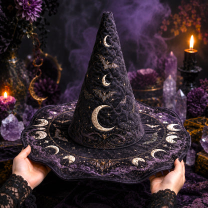 Bat Moon Gothic Witch Hat – Celestial Halloween Wide Brim Hat – quilting and print detail