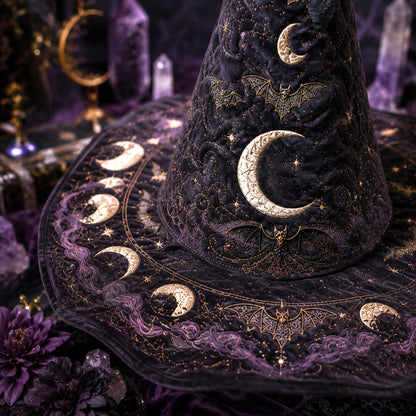 Bat Moon Gothic Witch Hat – Celestial Halloween Wide Brim Hat – held in both hands