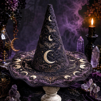 Bat Moon Gothic Witch Hat – Celestial Halloween Wide Brim Hat – on an altar table