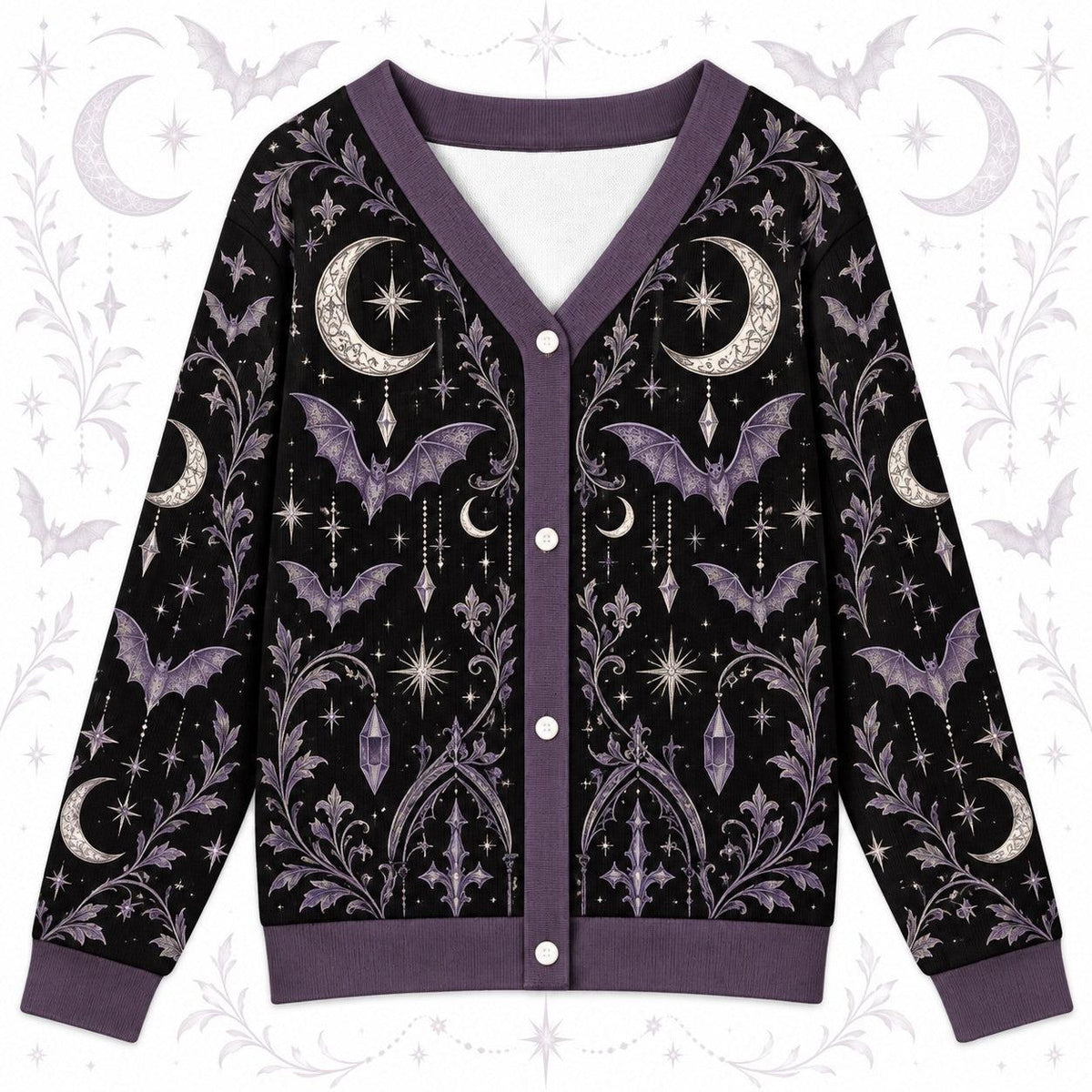 Bat Moon Phase Halloween Cardigan for Women Purple Gothic Whimsigoth, front view