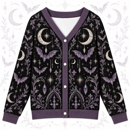 Bat Moon Phase Halloween Cardigan for Women Purple Gothic Whimsigoth, front view