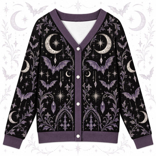 Bat Moon Phase Halloween Cardigan for Women Purple Gothic Whimsigoth, front view