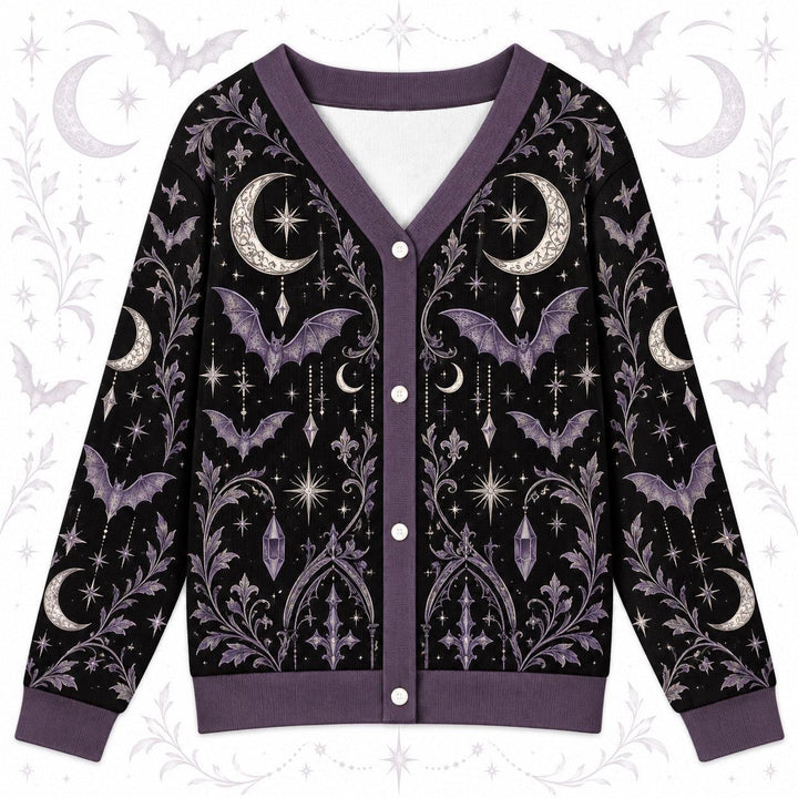 Bat Moon Phase Halloween Cardigan for Women Purple Gothic Whimsigoth, front view