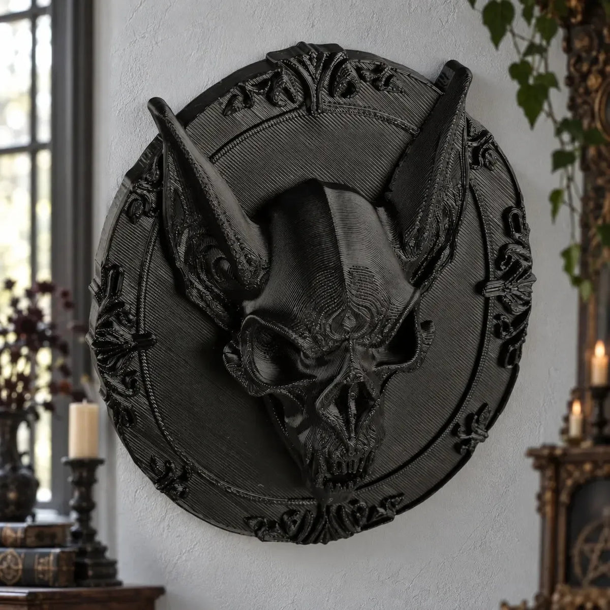 Bat skull wall plaque side view showing raised skull relief