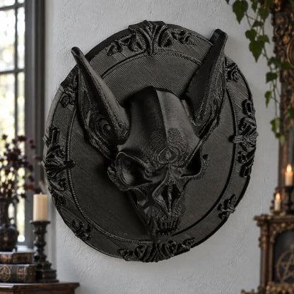 Bat skull wall plaque side view showing raised skull relief