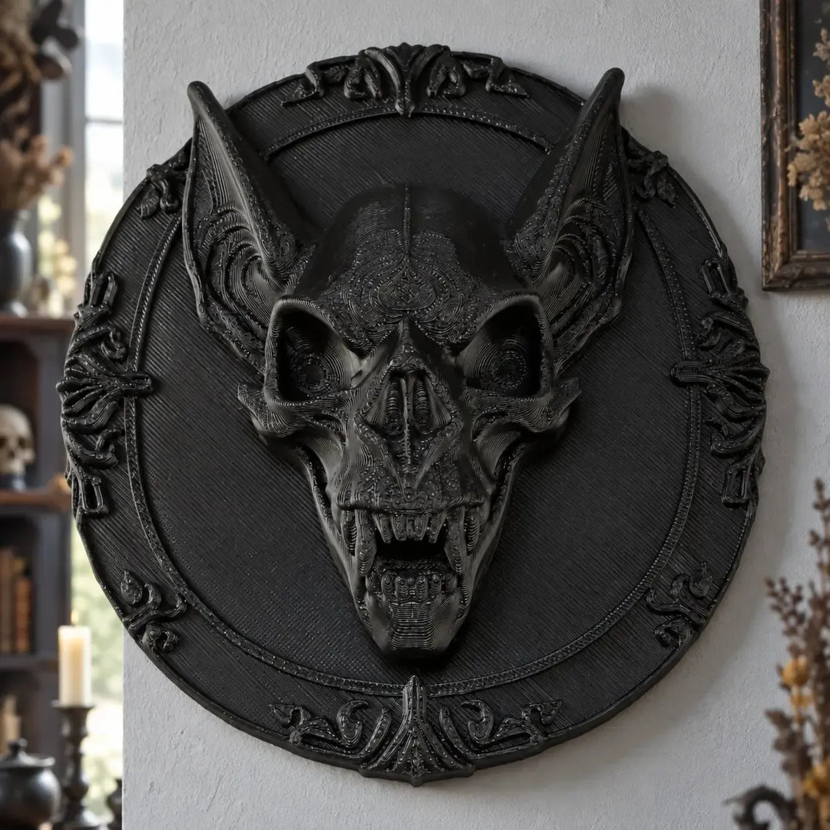 Bat skull wall plaque front view with tall pointed ears