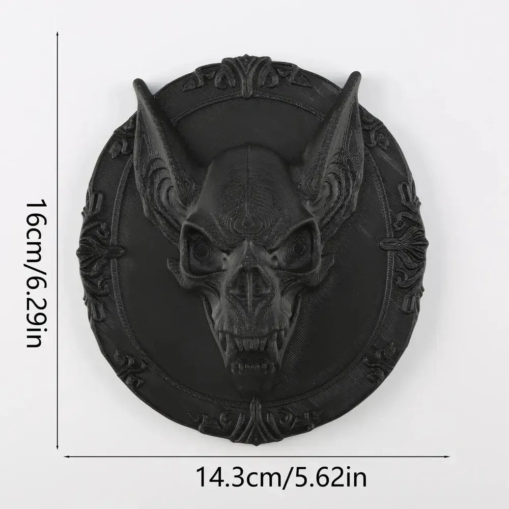 Bat skull wall plaque dimension diagram, 14.3 cm wide and 16 cm high