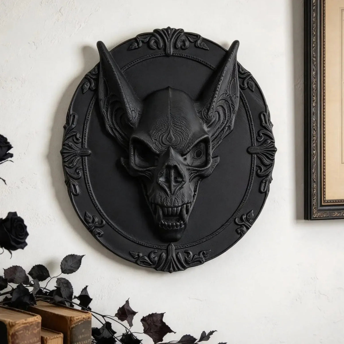 Bat skull wall plaque styled with dark flowers and vintage books
