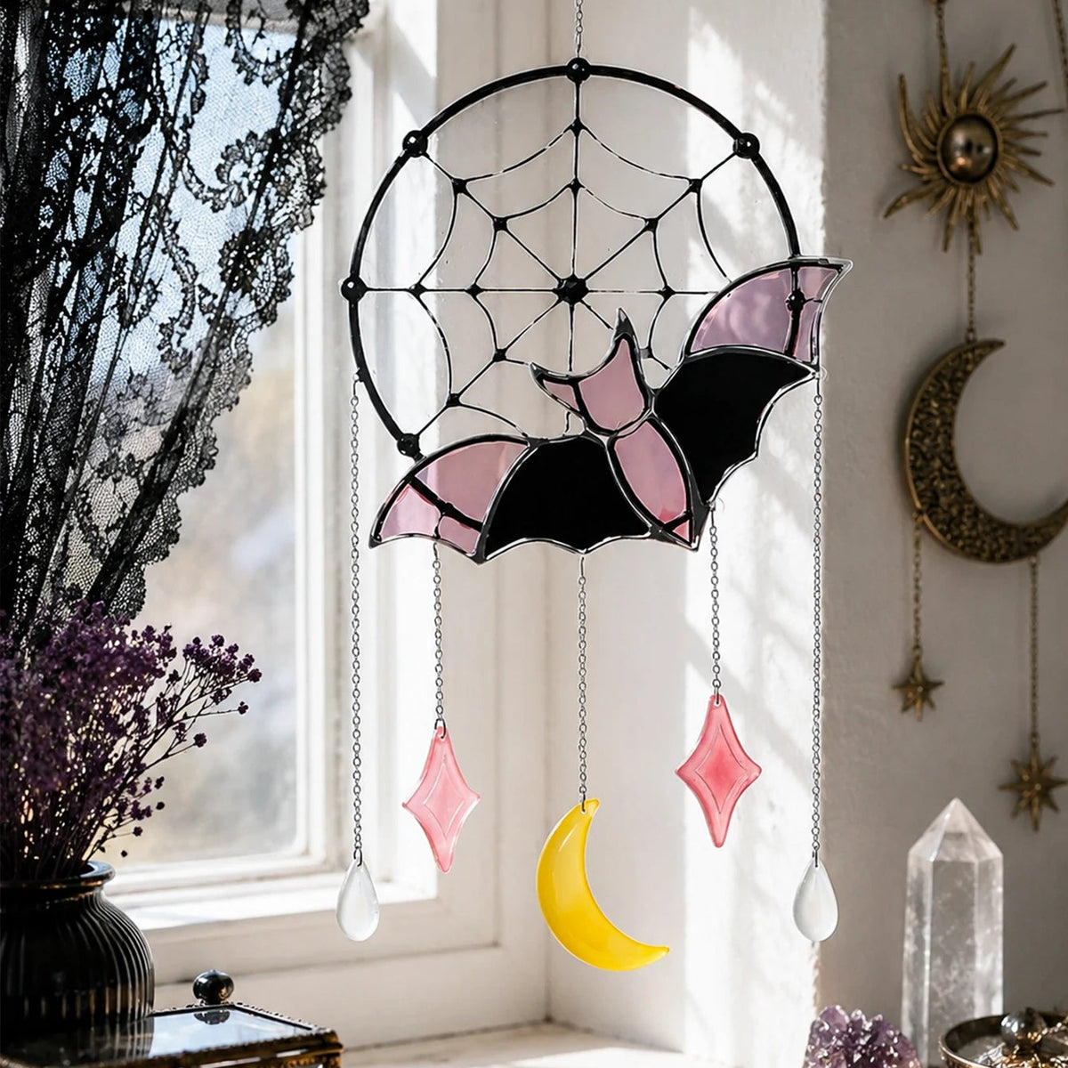 Bat and spider web suncatcher for gothic window decor