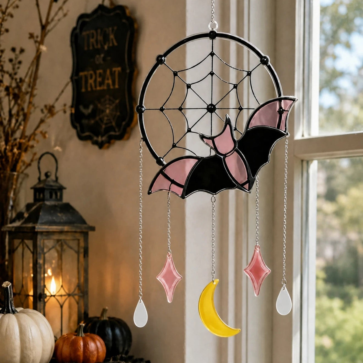 Bat suncatcher hanging in a window with light passing through