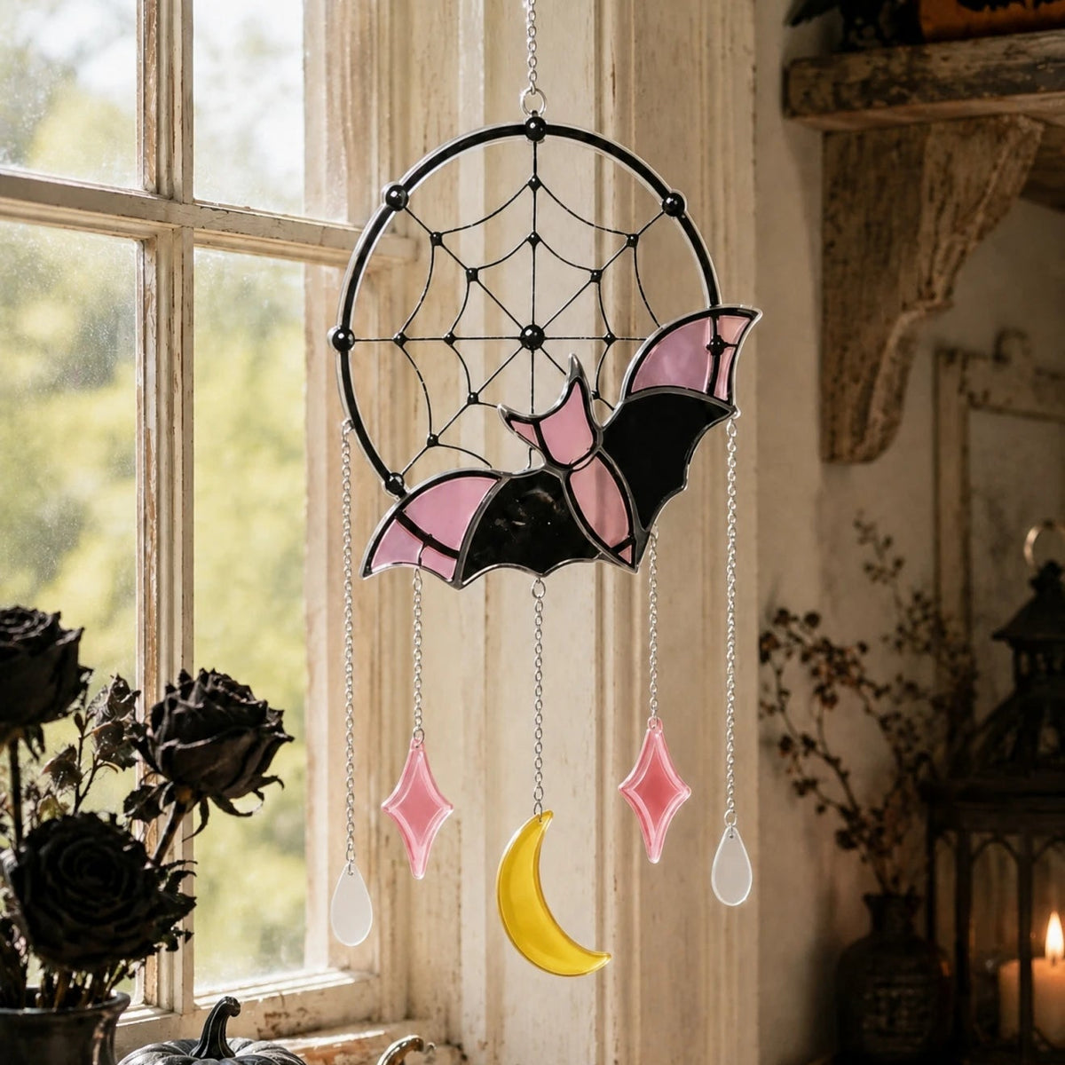 Close-up of the spider web panel on the gothic suncatcher