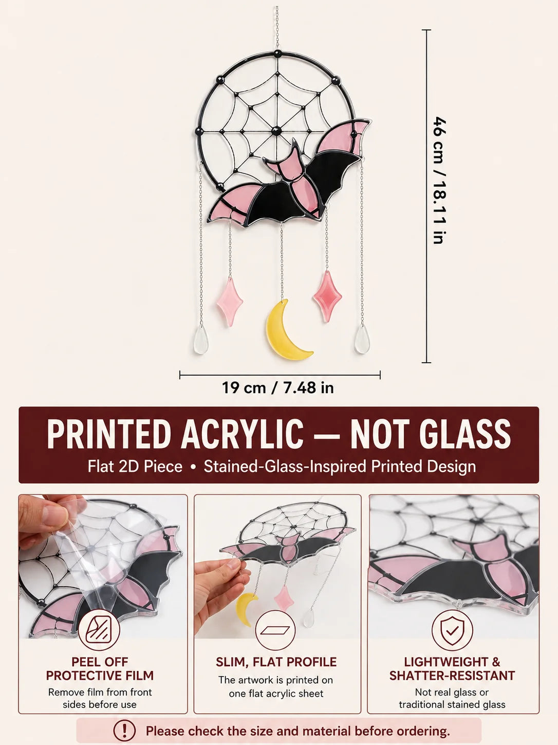 Size reference for the bat and spider web suncatcher