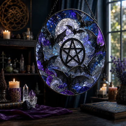 Bat Swarm Pentacle Glass Suncatcher - close up detail