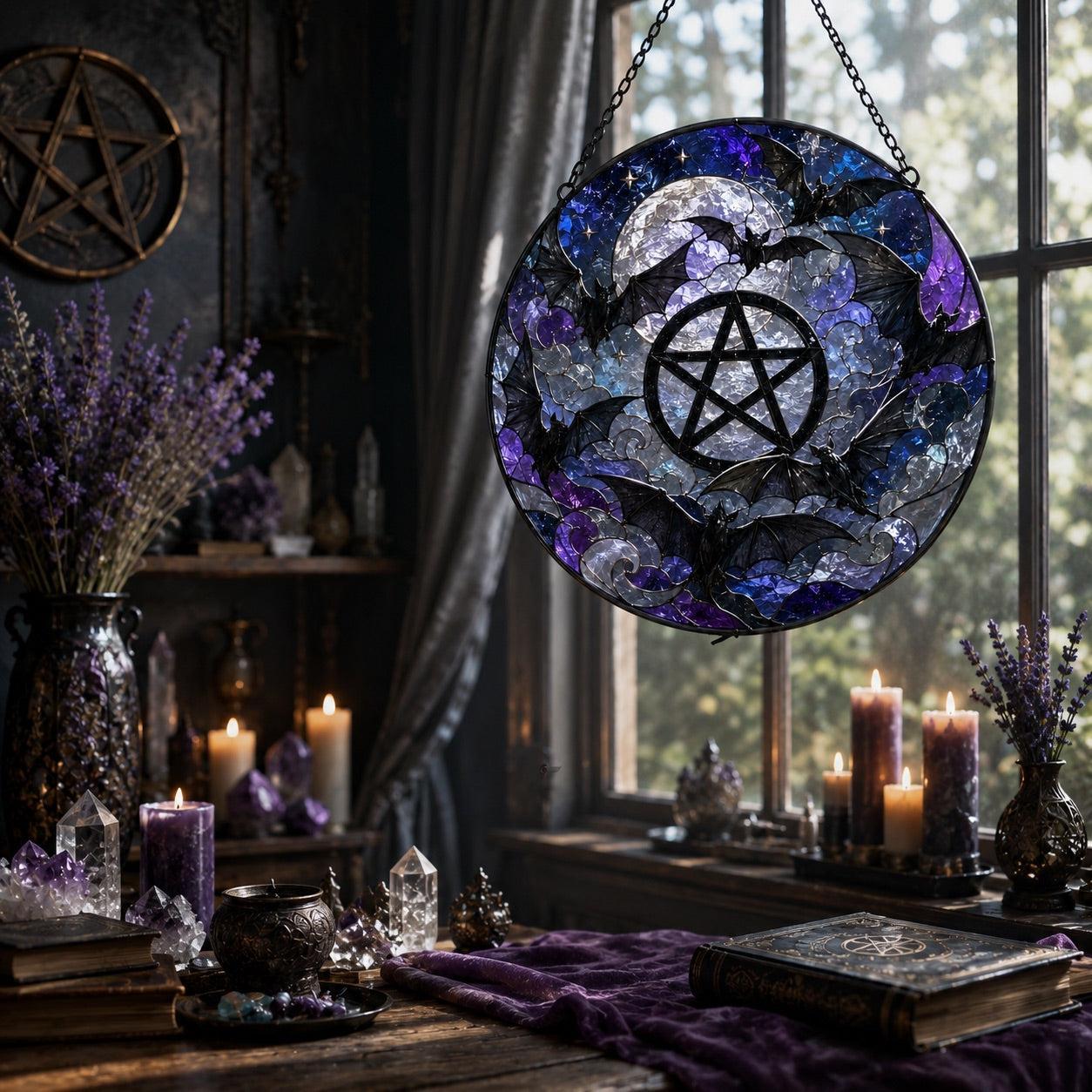Bat Swarm Pentacle Glass Suncatcher - sunlight glow