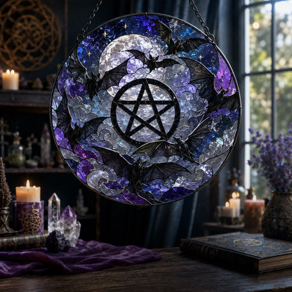 Bat Swarm Pentacle Glass Suncatcher - window display