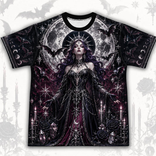 Bat Wing Witch T-Shirt Full Moon Candle Plum Gothic Vampire Tee front view