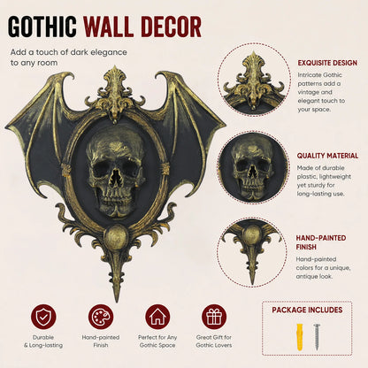 Bat wing skull plaque – carved wing and scroll detail close-up
