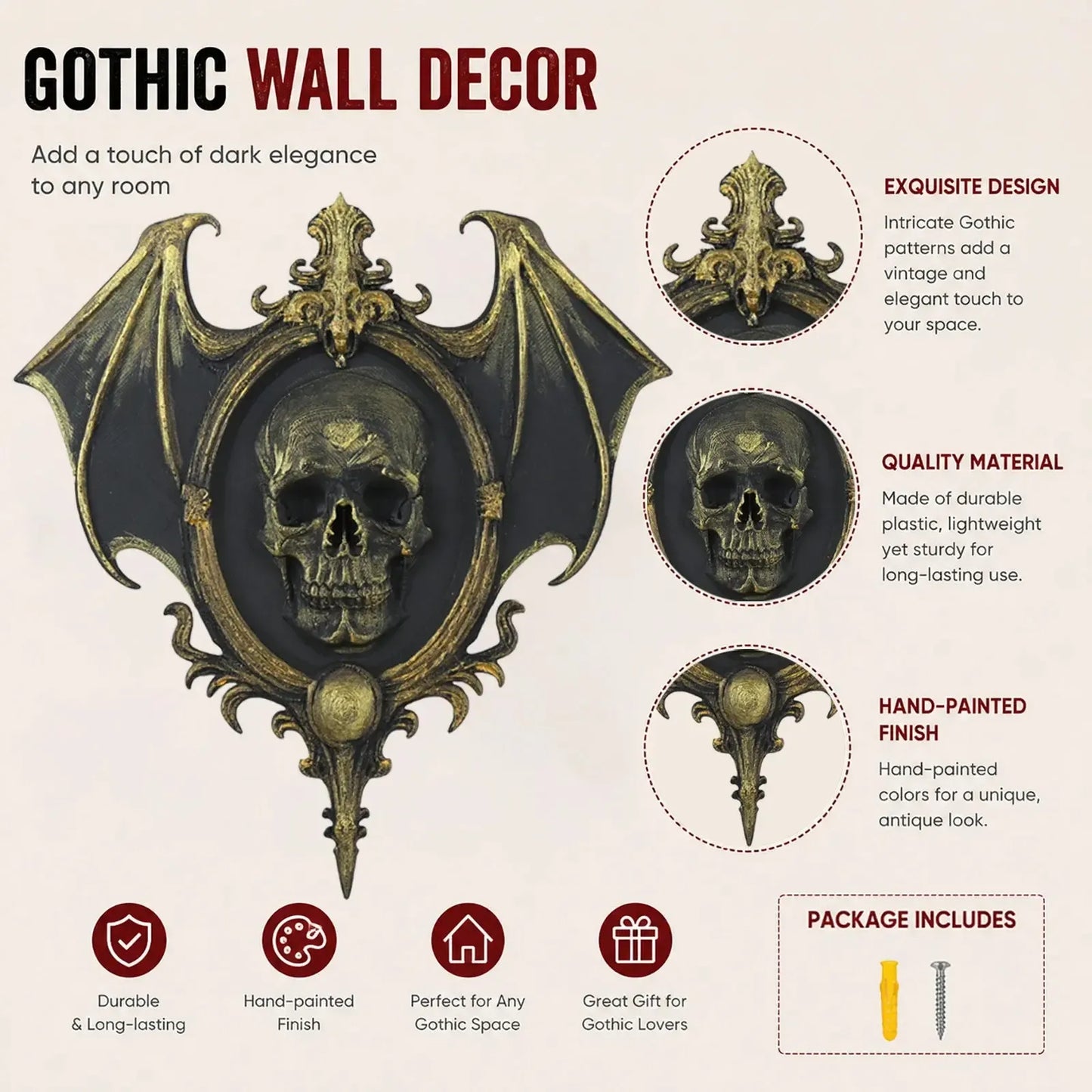 Bat wing skull plaque – carved wing and scroll detail close-up