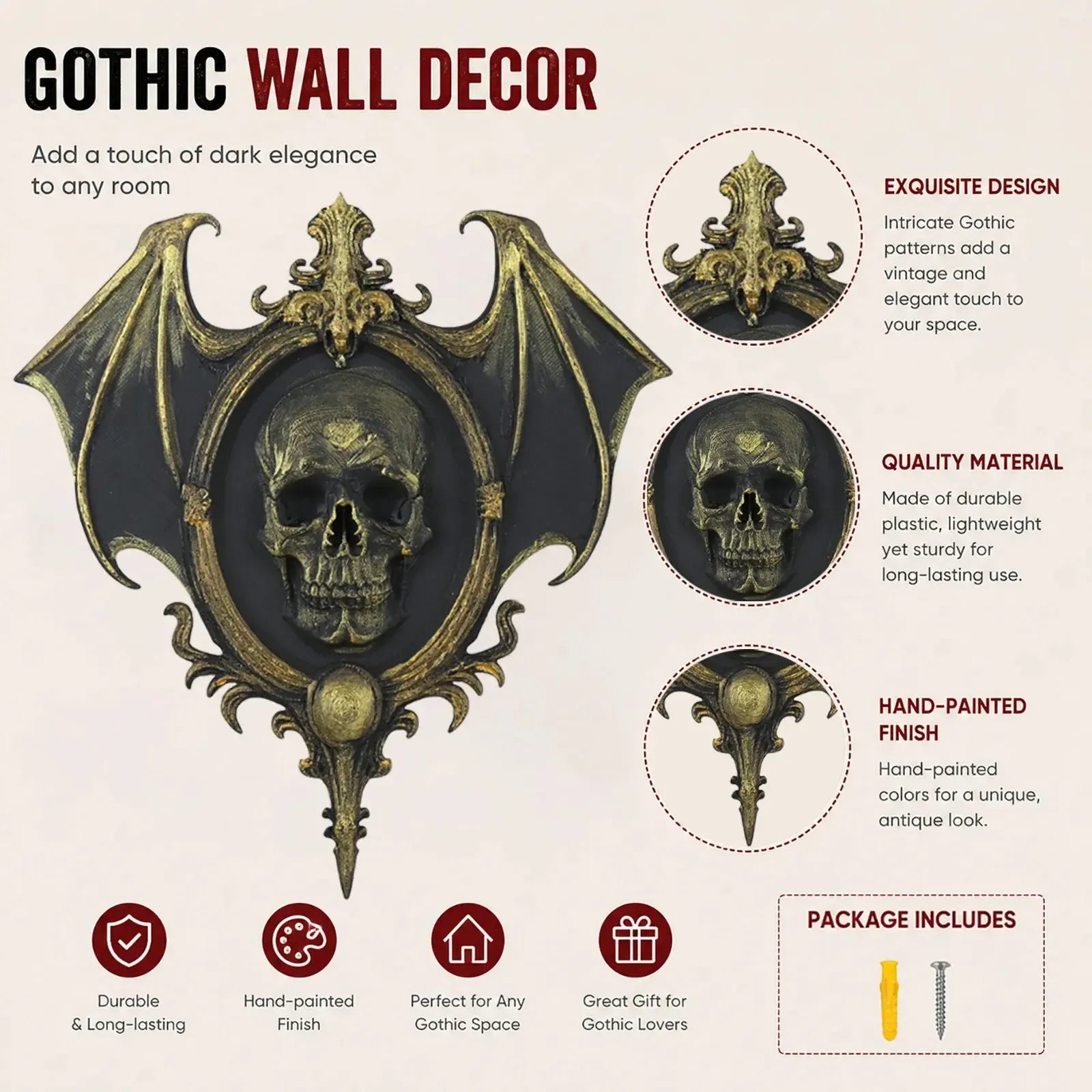 Bat wing skull plaque – carved wing and scroll detail close-up