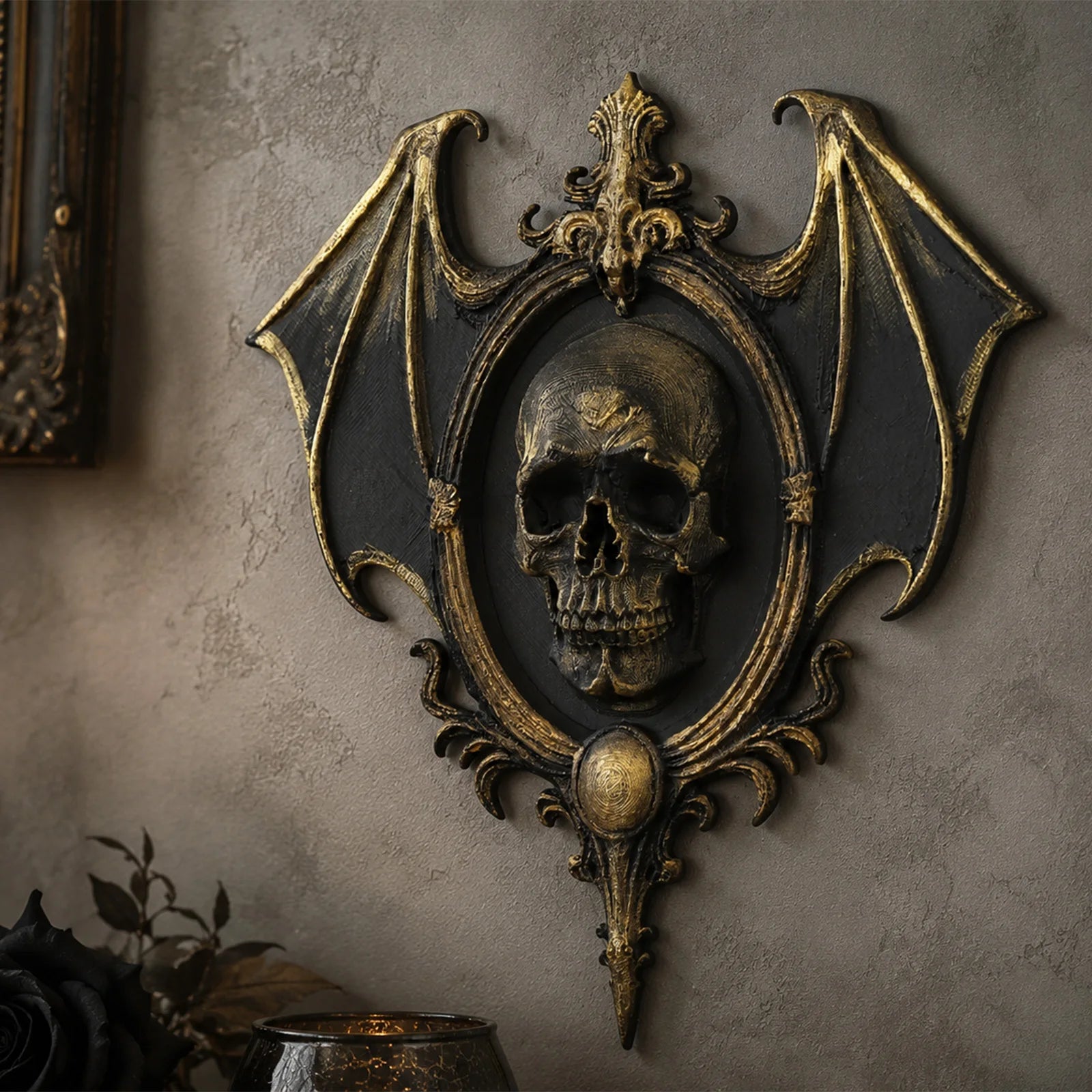Bat wing skull relief wall plaque – baroque gothic wall art, front view