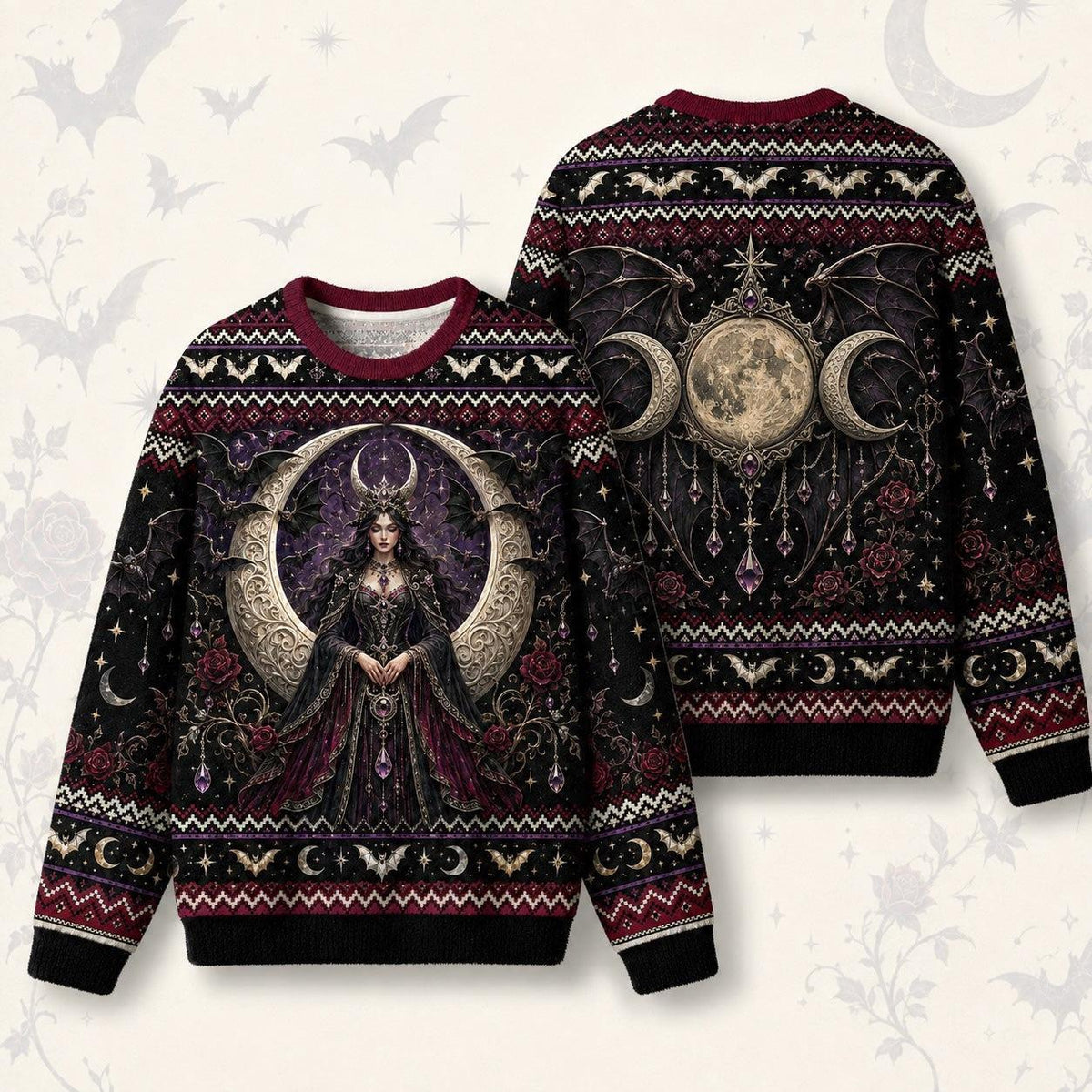 Bat Wing Witch Sweater Triple Moon Gothic Vampire Knit Jumper front and back together
