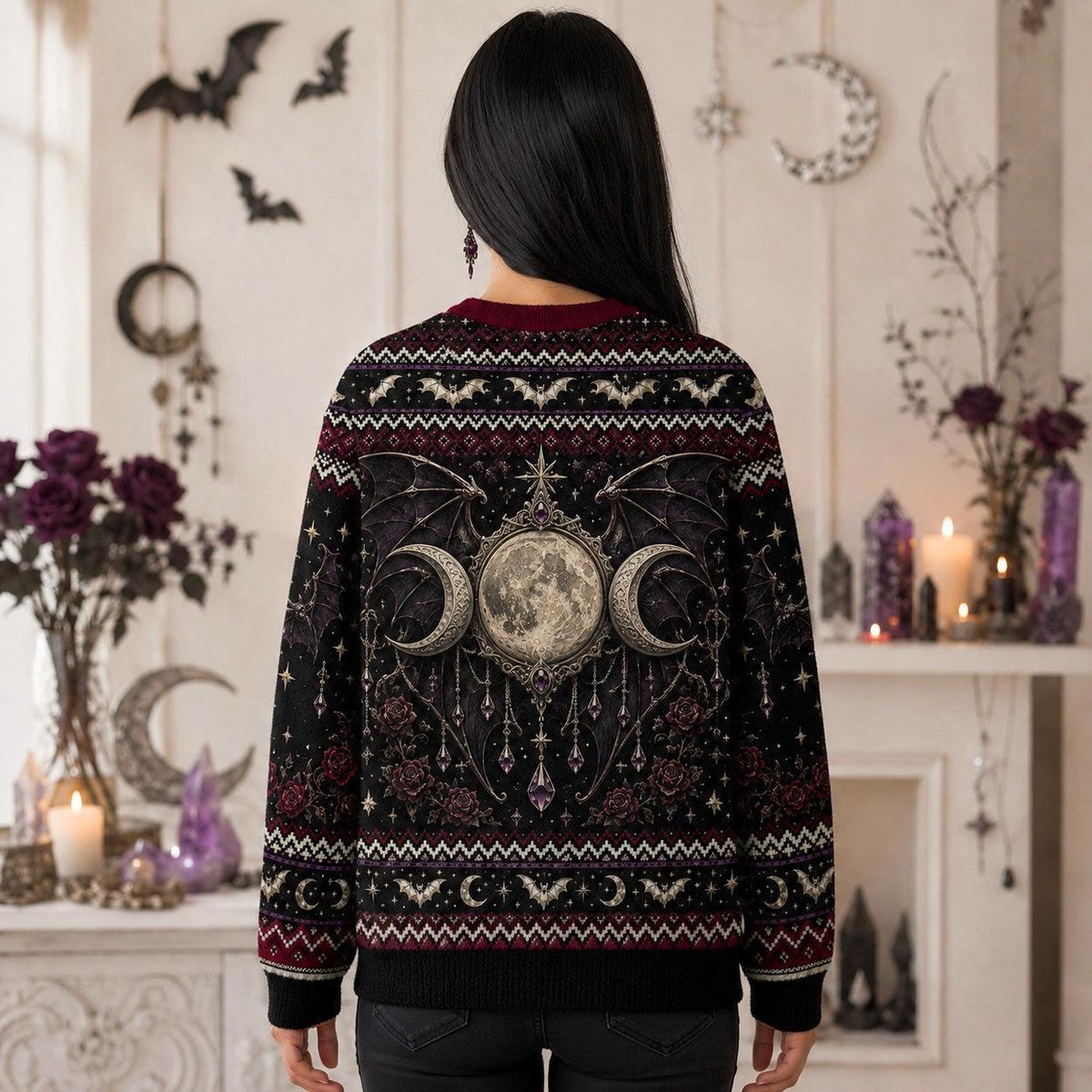 Bat Wing Witch Sweater Triple Moon Gothic Vampire Knit Jumper worn, back view