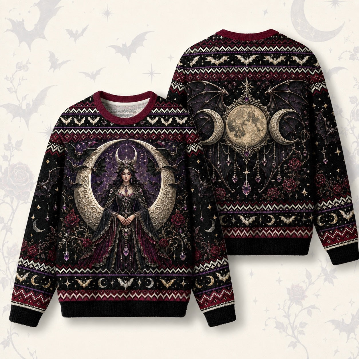Bat Wing Witch Sweater Triple Moon Gothic Vampire Knit Jumper front and back together