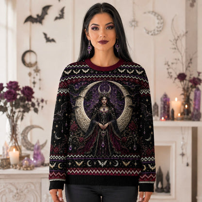 Bat Wing Witch Sweater Triple Moon Gothic Vampire Knit Jumper worn, front view
