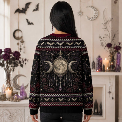Bat Wing Witch Sweater Triple Moon Gothic Vampire Knit Jumper worn, back view