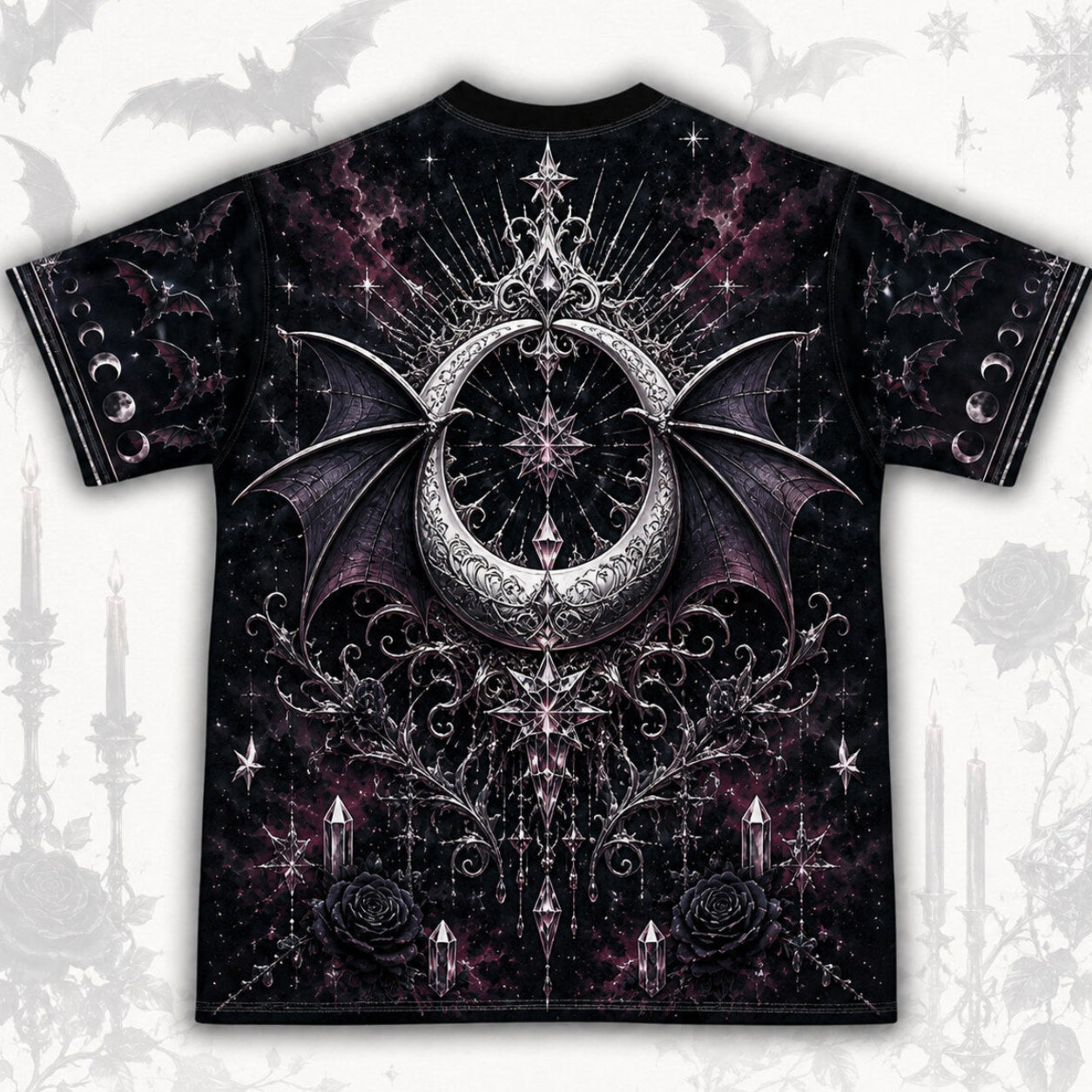 Bat Wing Witch T-Shirt Full Moon Candle Plum Gothic Vampire Tee back view