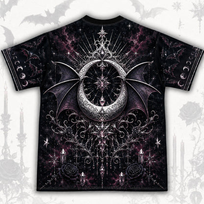 Bat Wing Witch T-Shirt Full Moon Candle Plum Gothic Vampire Tee back view