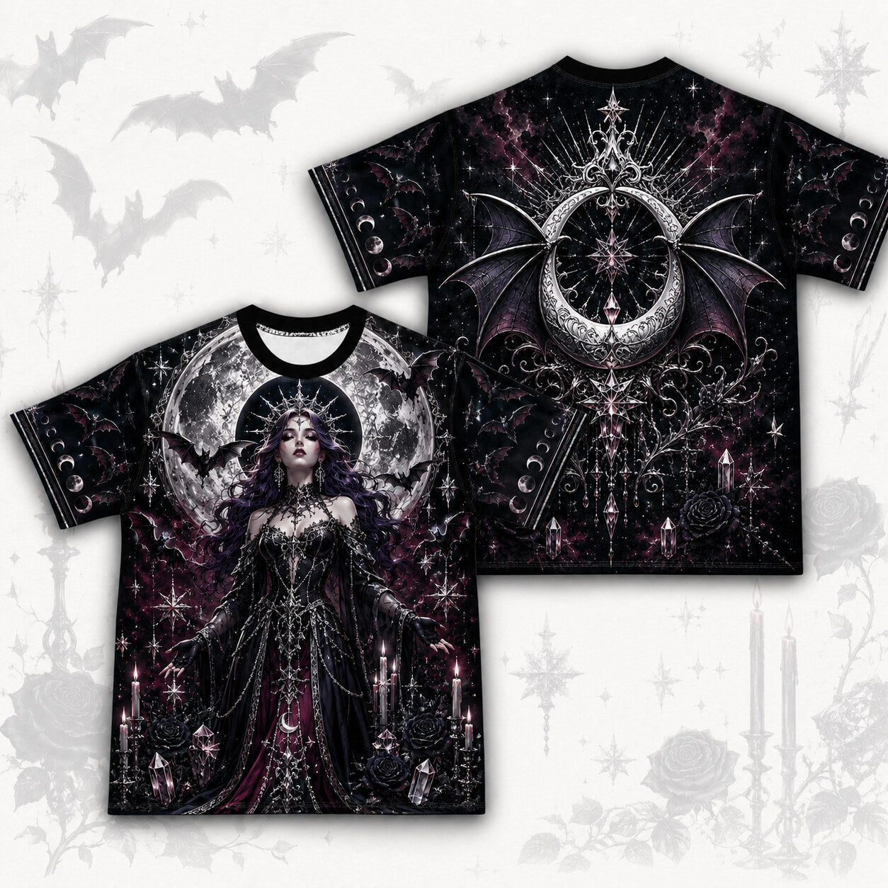Bat Wing Witch T-Shirt Full Moon Candle Plum Gothic Vampire Tee front and back together
