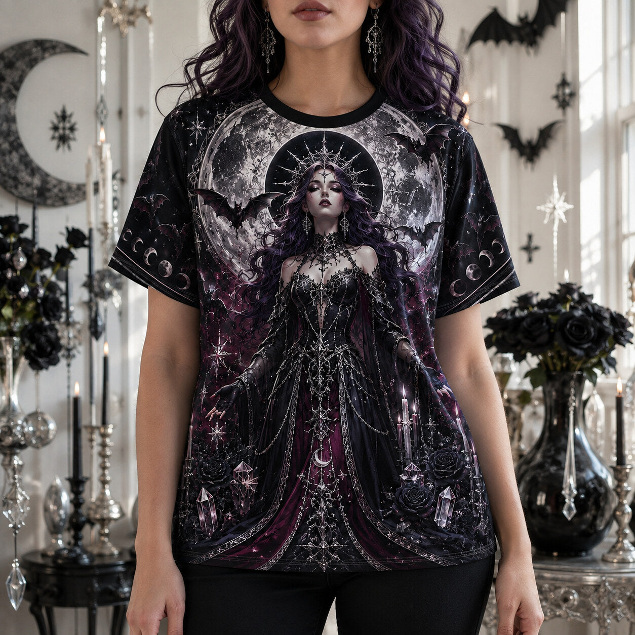 Bat Wing Witch T-Shirt Full Moon Candle Plum Gothic Vampire Tee worn, front view