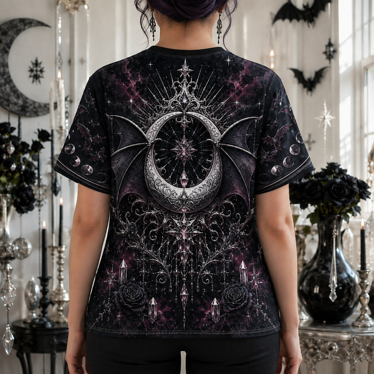 Bat Wing Witch T-Shirt Full Moon Candle Plum Gothic Vampire Tee worn, back view