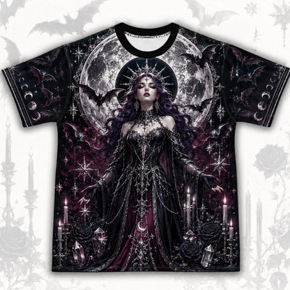 Bat Wing Witch T-Shirt Full Moon Candle Plum Gothic Vampire Tee front view