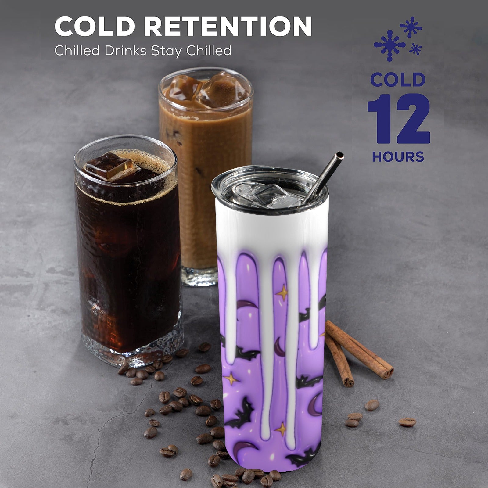 Batty Night Halloween Skinny Tumbler with Lid and Straw-MoonChildWorld