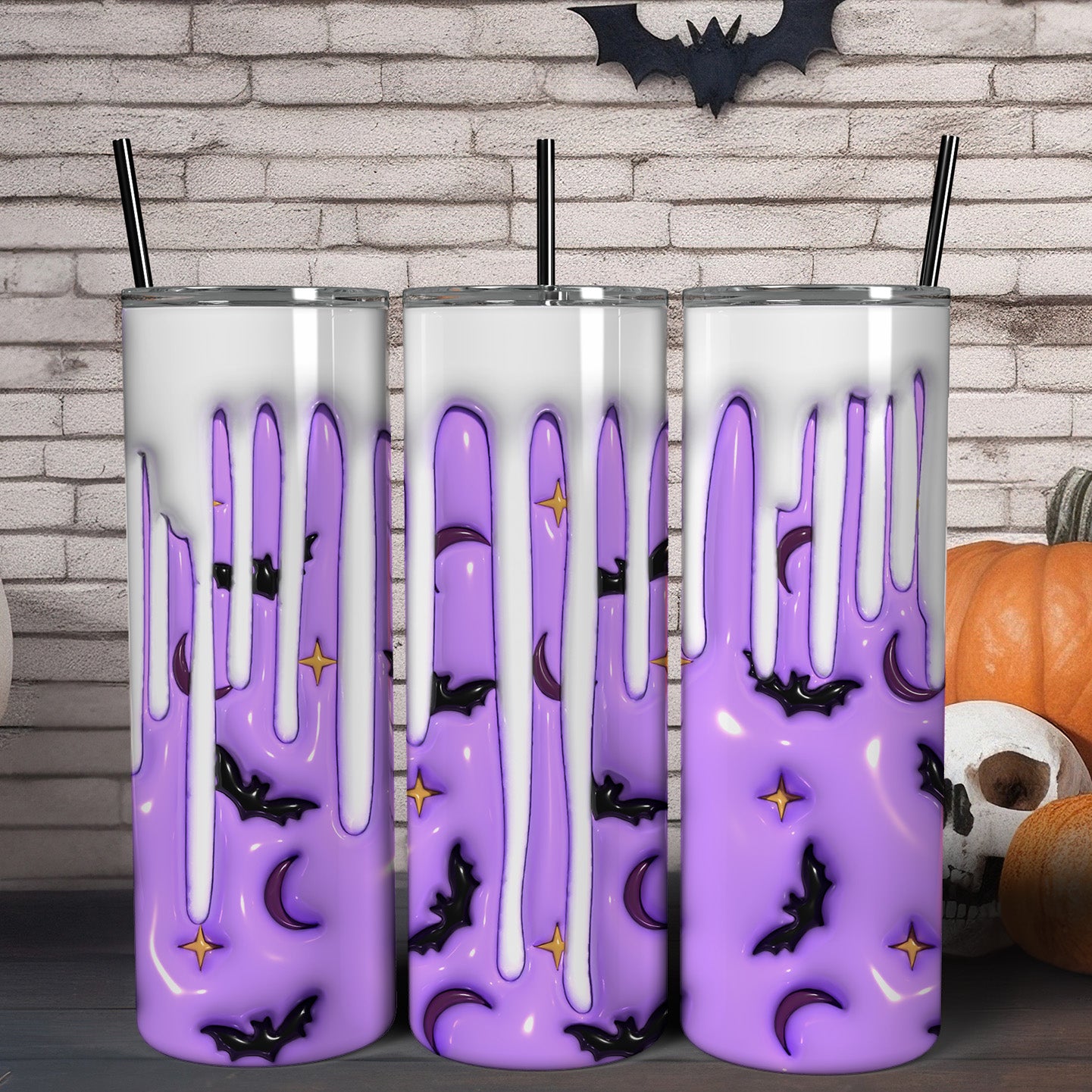 Batty Night Halloween Skinny Tumbler with Lid and Straw-MoonChildWorld